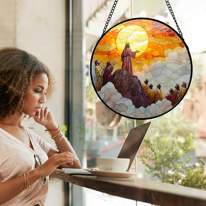 DASTOLL Christian Gifts for Women - Easter Stained Glass Window Hanging Transfiguration of Jesus Sun Catcher Garden Religion Decor Mother's Day Catholic Gift for Men Grandma Nana Her Mom 7.8"
