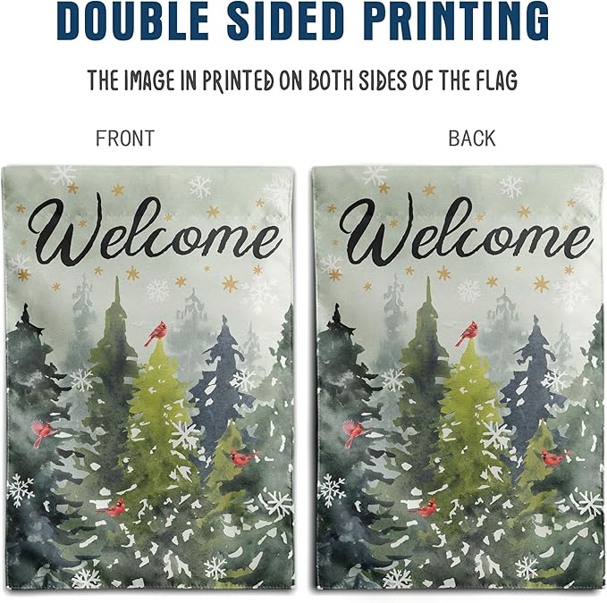 Welcome Winter House Flags Snowy Forest Pine Tree Garden Flag Cardinal Birds Yard Flag Large Christmas Outdoor Flags 28x40 Double Sided for Outside Farmhouse Lawn Decor