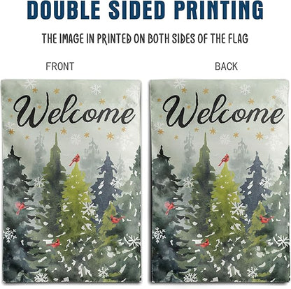 Welcome Winter House Flags Snowy Forest Pine Tree Garden Flag Cardinal Birds Yard Flag Large Christmas Outdoor Flags 28x40 Double Sided for Outside Farmhouse Lawn Decor