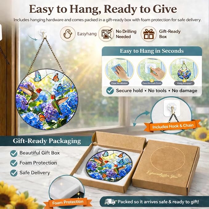 Hummingbird Stained Glass Suncatcher Window Hanging, 7.8" Flower Bird Sun Catcher, for Mom Grandma Family and Friends, Home Decor for Window, Kitchen, Sunroom and Garden