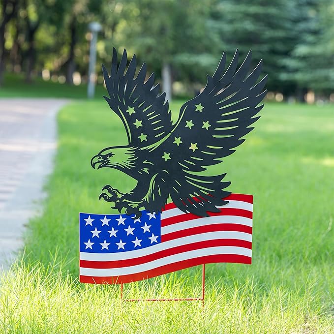 Glitzhome 29.75"H Patriotic Americana Metal Eagle Silhouette & Flag Yard Signs,Patriotic Decorative Garden Stakes for 4th of July Decorations Outdoor,Memorial Day Yard Signs for Lawn Porch Decor