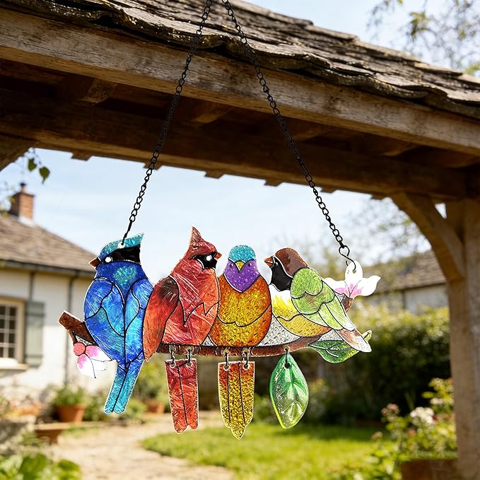 DASTOLL Stained Glass Window Hanging - Hummingbird on Branch Suncatcher Hand-Painted Double Side Stain Glass Cardinal Gifts Sun Catcher for Windows Doors Room Outdoor Home Decoration