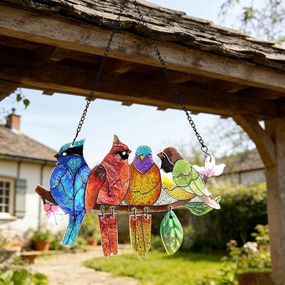 DASTOLL Stained Glass Window Hanging - Hummingbird on Branch Suncatcher Hand-Painted Double Side Stain Glass Cardinal Gifts Sun Catcher for Windows Doors Room Outdoor Home Decoration