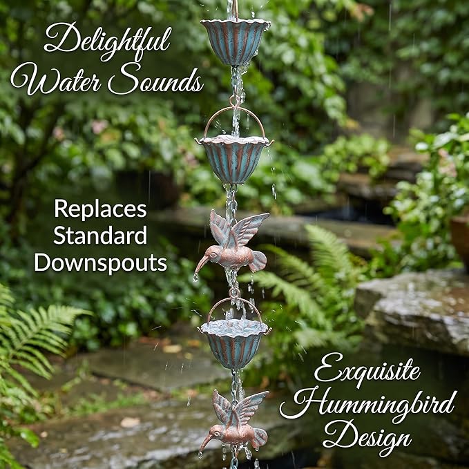 8.8Ft Metal Hummingbird Rain Chain for Gutters, 8 Cups 9 Birds Design, Outdoor Downspout Replacement, Tool-Free Installation, Decorative for Patio, Garden, Backyard and Balcony.
