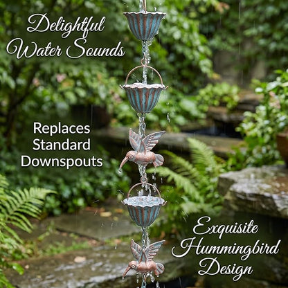 8.8Ft Metal Hummingbird Rain Chain for Gutters, 8 Cups 9 Birds Design, Outdoor Downspout Replacement, Tool-Free Installation, Decorative for Patio, Garden, Backyard and Balcony.