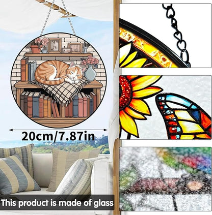 VAIIEYO Cat Sun Catcher Stained Glass Window Hanging Ornament, Handmade Bookshelf Sun Catcher Animal Decoration with Hooks for Window Garden Home, Mother's Day & Birthday Housewarming Gift (7.8 inch)