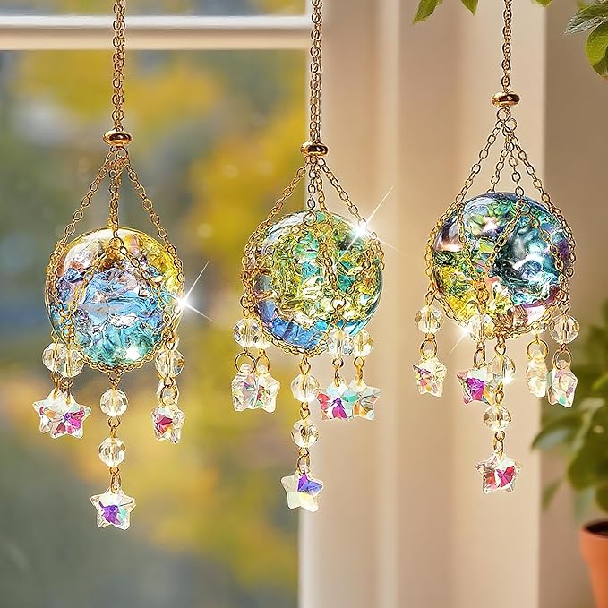 H&D HYALINE & DORA 3 Pcs Crystal Suncatchers with 40mm Ice Cracked Ball Window Hanging Decor for Healing Yoga Meditation