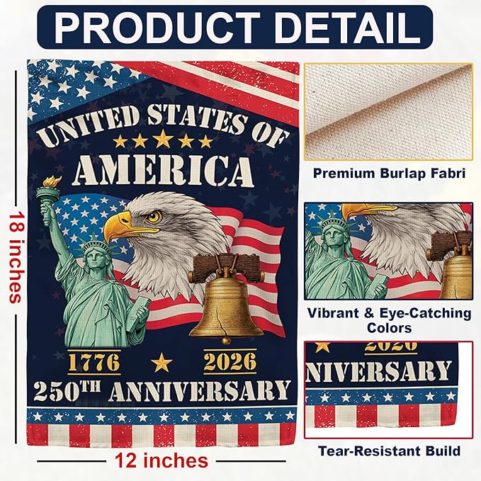 250th Anniversary America USA Garden Flag for Outside, Eagle Liberty Bell Statue of Liberty 1776-2026 Patriotic Double-Sided Waterproof Yard Flag 12x18 Inch for 4th of July Memorial Day Decor