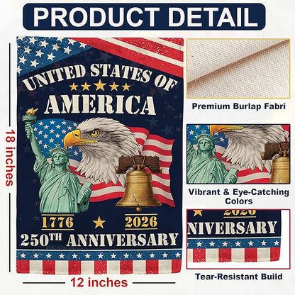 250th Anniversary America USA Garden Flag for Outside, Eagle Liberty Bell Statue of Liberty 1776-2026 Patriotic Double-Sided Waterproof Yard Flag 12x18 Inch for 4th of July Memorial Day Decor