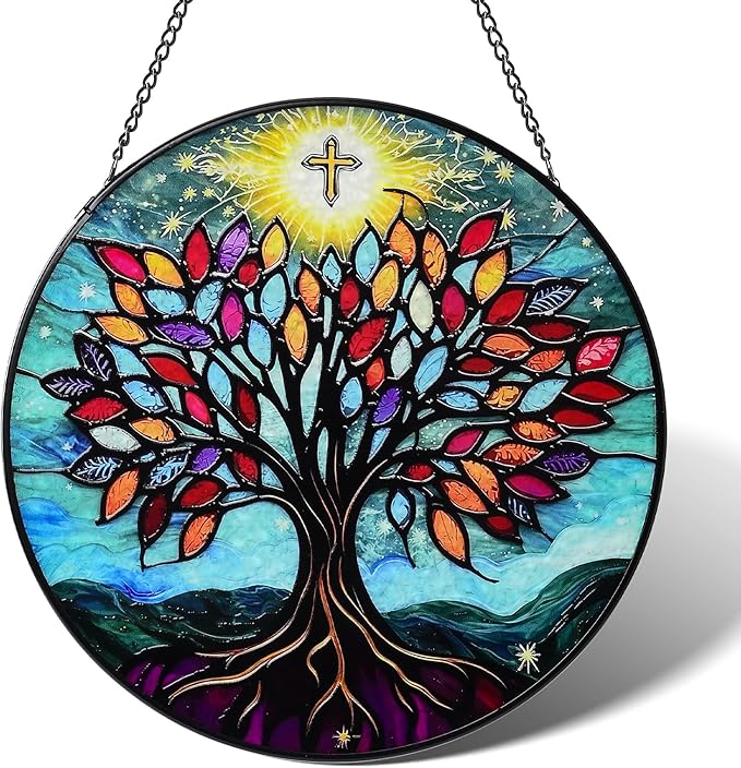 Stained Glass Window Hanging Tree of Life Sun Catcher Indoor, Window Garden Decor Art, Stained Glass Suncathers, Christian Gifts for Women,Mom, Grandma,Friends and Wife Gifts 7.8’’ Blue