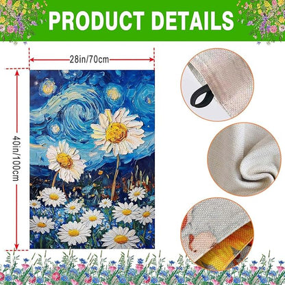 Spring Summer House Flag 28x40 Inch Double Sided Starry Night Daisy Flowers Large Burlap Yard Flag Seasonal Farmhouse Outdoor Outside Decoration