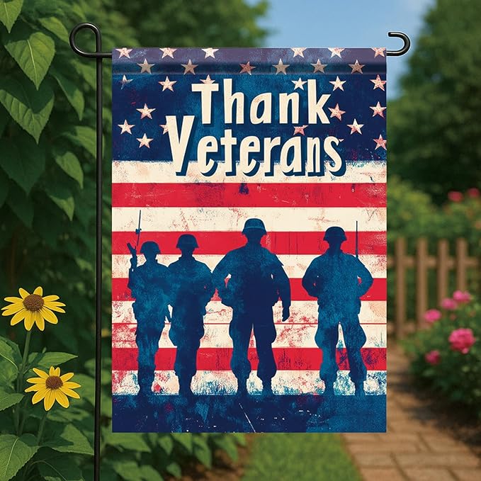 Spring Summer Garden Flag 12x18 Inch Thank Veterans Patriotic American Outdoor Military Silhouette Tribute Design Outdoor Yard Porch Lawn for Seasonal Americana Home Decor