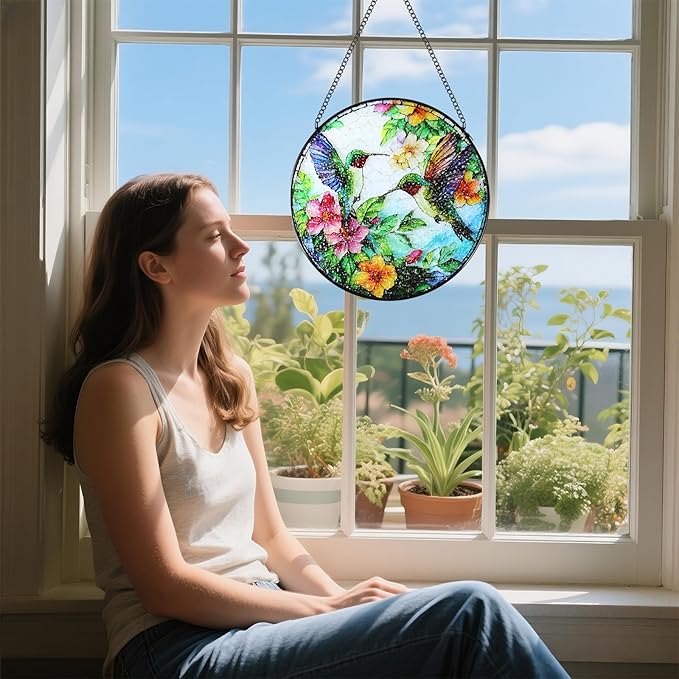 Stained Glass Window Hanging Hummingbird Suncatcher - 8 Inch Wildflower & Bird Sun Catchers for Windows, Indoor/Outdoor Wall Art Decor - Gift for Bird Lovers Women Mother's Day Christmas