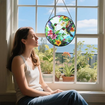 Stained Glass Window Hanging Hummingbird Suncatcher - 8 Inch Wildflower & Bird Sun Catchers for Windows, Indoor/Outdoor Wall Art Decor - Gift for Bird Lovers Women Mother's Day Christmas