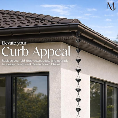 Monarch Rain Chains Aluminum Eastern Cup Black Rain Chains for Gutters – 8.5 ft Black Decorative Rainchain Outdoor Durable Heavy Duty Gutter Chain Downspout, Modern Rainchains for Outside