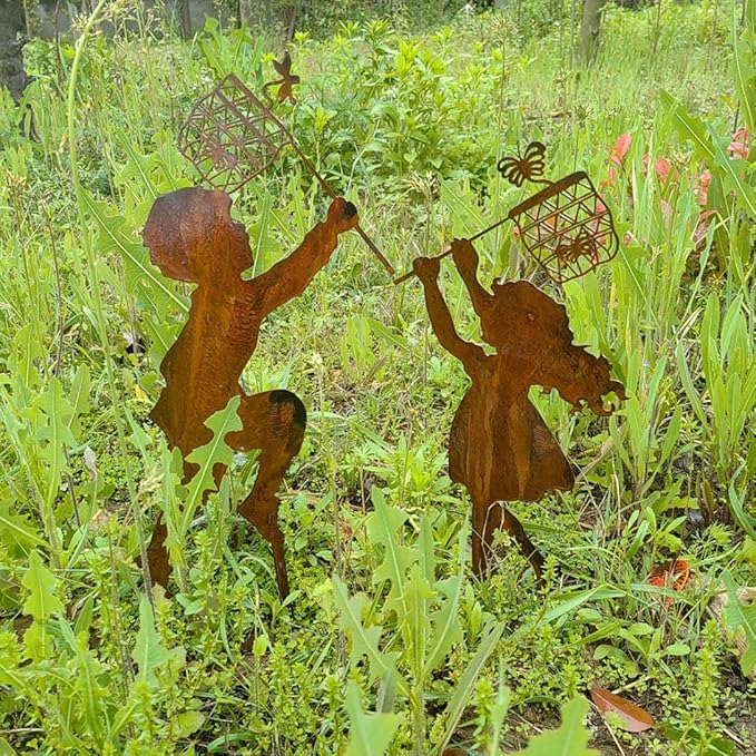 Metal Garden Sculpture Boy Girl Art Silhouette Garden Decor Stakes Iron Outdoor Statues Halloween Yard Decoration (Boy-Large)