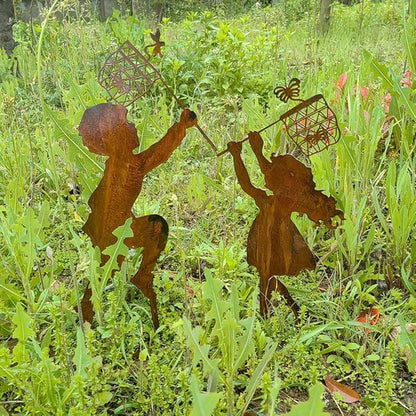 Metal Garden Sculpture Boy Girl Art Silhouette Garden Decor Stakes Iron Outdoor Statues Halloween Yard Decoration (Boy-Small)