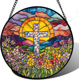 Stained Glass Window Hanging - Cross Flower Sea Sun Catcher for Door Terrace Garden Home Decor, Mountains Landscape Suncatcher Birthday Gifts for Lovers Women Men Dad Mom Nana 7.8 in
