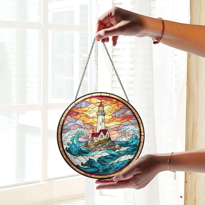 7.8" Lighthouse Suncatcher Stained Glass Window Hanging Ocean Light House Sun Catchers Blue Coastal Ornaments Wall Art Home Garden Room Door Decor Birthday for Women Men