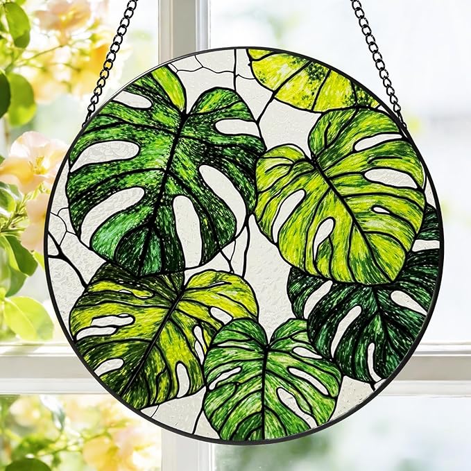 Stained Glass Window Hanging, 8 Inch Monstera Plant Suncatcher, Sun Catchers Indoor Window, Tropical Leaf Suncatchers for Windows Hanging, Spring Home Garden Decor Panel Plant Lover Gift for Women Mom