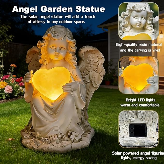 VEEKI Solar Angel Garden Statue Outdoor, Praying Angel Statues Solar Figurine Lights Outdoor Waterproof, Resin Angel Sculpture for Garden Yard Lawn Grave Cemetery Decor, Gift for Mom Grandma Women
