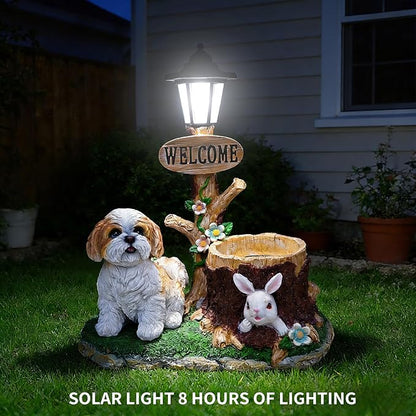 Solar Light Animal Outdoor Statue Planter with Welcome Sign, Resin Garden Sculpture Flower Pot for Patio Lawn Porch Yard Courtyard Decor, Weather-Resistant Decorative Figurine Accent (E)