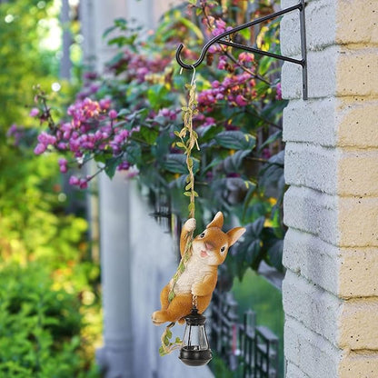 Joliyoou Easter Yard Décor, 6.9" H Resin Rabbit Climbing On A 23.6" L Vine with Solar LED Light, Waterproof Hanging Bunny Figurine Outdoor Statues with Hook for Garden Wall Balcony Tree Decoration