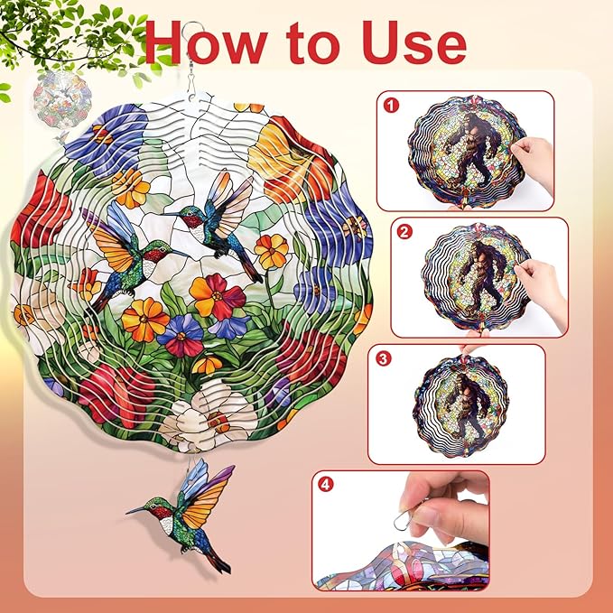 Rngmsi Hummingbird Wind Spinner Gifts for Women, Humming Bird Hanging Wind Spinners Outdoor Gifts for Mom Men Grandma, Bird 3D Stainless Steel Metal Yard Decor for Garden Patio Lawn (12 X 12 Inches)