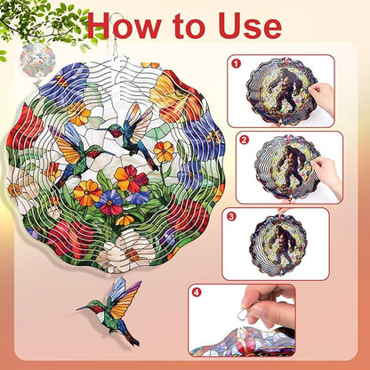 Rngmsi Hummingbird Wind Spinner Gifts for Women, Humming Bird Hanging Wind Spinners Outdoor Gifts for Mom Men Grandma, Bird 3D Stainless Steel Metal Yard Decor for Garden Patio Lawn (12 X 12 Inches)