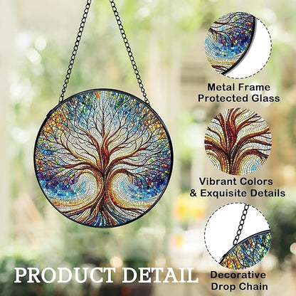 Stained Glass Window Hanging, Blue Tree of Life Suncatcher for Window Doors Garden Home Decoration, Colorful Glass Panel Ornaments for Women,Men,Wife, Lovers, and Mom 7.8×7.8 in