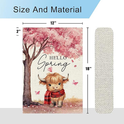 DLZDN Hello Spring Highland Cow Garden Flag Cherry Blossom Floral Butterfly Flag 12×18 Inch Double Side Vertical Burlap Farmhouse Yard Flag Seasonal Outdoor House Decoration