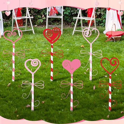 6 Pcs 14.6" Valentine's Day Metal Yard Stakes Large Metal Heart Garden Stakes Red Pink Planter Sign for Valentines Day Flower Pot Porch Patio Walkway Lawn Outdoor Decoration