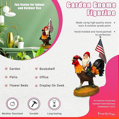 Funny Guy Mugs Gnome Riding A Rooster Garden Gnome Statue- Indoor/Outdoor Garden Gnome Funny Sculpture for Patio, Yard or Lawn