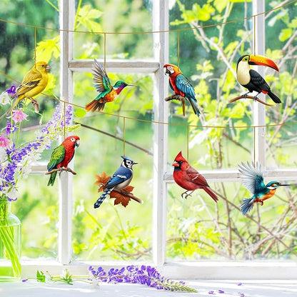 Color Bird Acrylic Hanging Ornament - 8Pcs Spring Colorful Cardinal Christmas Tree Ornaments, Flying Bird Ornament Ceiling Xmas Decoration Tote Car Interior Charms Gift for Men Women