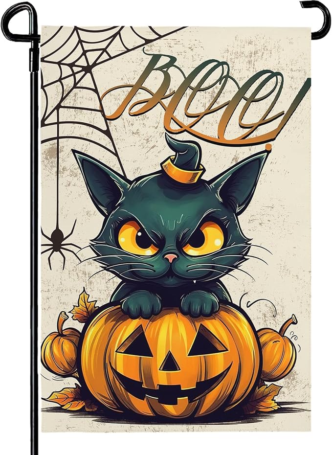 Halloween Garden Flags Black Cat Boo Yard Flag Scary Pumpkin Vertical Garden Flags Spiders Web Holiday Yard Banner 12x18 Inch Double Sided for Outside Decoration