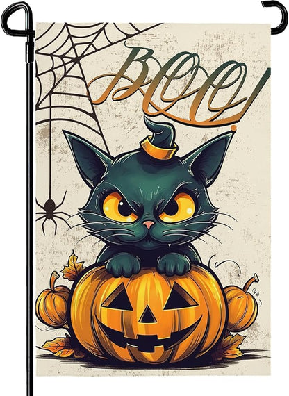 Halloween Garden Flags Black Cat Boo Yard Flag Scary Pumpkin Vertical Garden Flags Spiders Web Holiday Yard Banner 12x18 Inch Double Sided for Outside Decoration