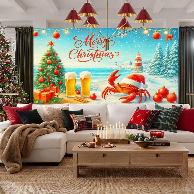 HOMETITUTE Christmas Garage Door Banner 13x6ft Coastal Crab Santa Holiday Decorations Red Lettering Snow Ocean Tree Beer Ornaments for Outdoor Xmas Party House Wall Yard Display