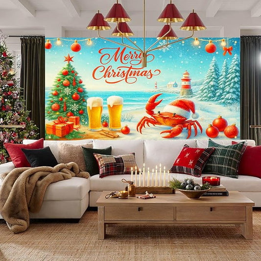 HOMETITUTE Christmas Garage Door Banner 13x6ft Coastal Crab Santa Holiday Decorations Red Lettering Snow Ocean Tree Beer Ornaments for Outdoor Xmas Party House Wall Yard Display