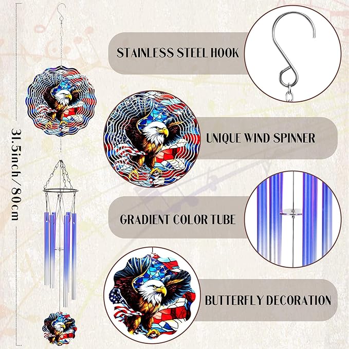 American Eagle Wind Chimes - Metal Flag Windchime with 3D Wind Spinners Indoor Outdoor Art Hanging for Garden Patio Lawn Yard Balcony Home 250 Anniversary Patriotic Decor Gift for Friends