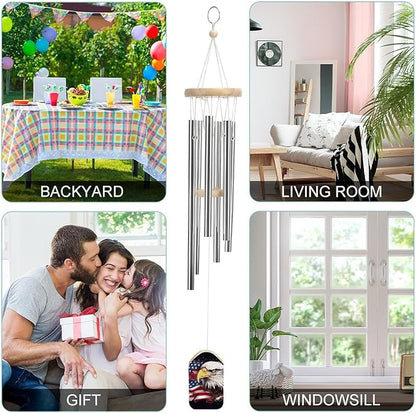 Wind Chimes for Outside,America US Flag Bald Eagle Printed Cute Aluminium Windchimes Outdoors,Soothing Melodic Memorial Wind Chime for House Porch Patio Garden Balcony Decor