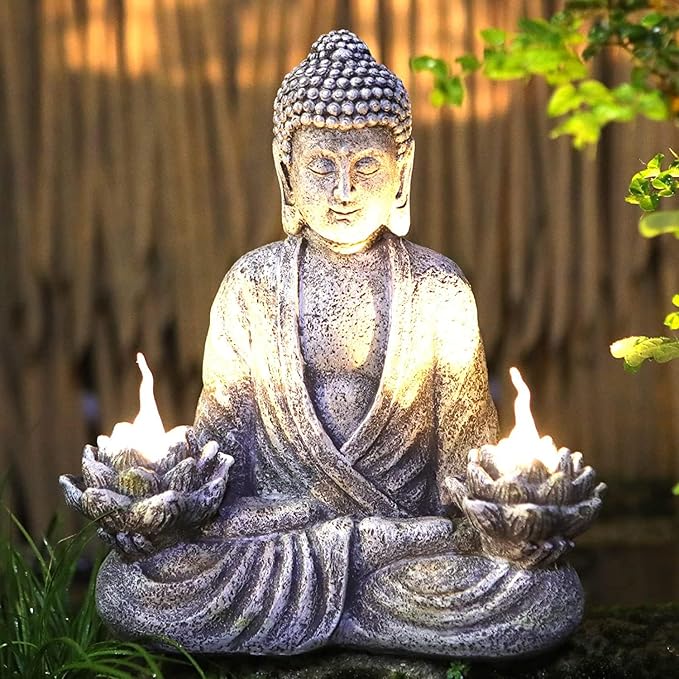 IVCOOLE Buddha Statue Zen Sculpture 11.4in Yoga Garden Decor with LED Solar Lotus Lights, Sitting Meditating Buddha Serene Resin Figurine for Patio Yard Lawn Ornaments,Inside or Outside