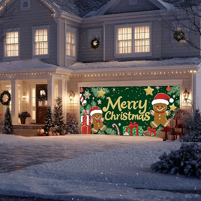 IVN Merry Christmas Garage Door Banner 13x6ft Festive Backdrop Gingerbread Cookie Gifts Green Photo Prop Background for Joyful Holiday Yard Door Cover Background Outdoor Winter Scene