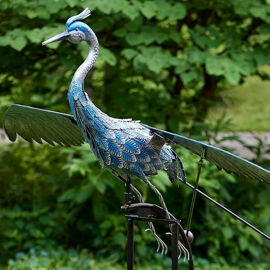Red Carpet Studios Garden Art Balance Rocker Metal Garden Stake Yard Décor, Jumbo 88” Tall, Blue Heron Feather Weathered Finish