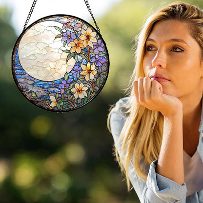 Stained Glass Window Hanging - White Purple Moon Flowers Suncatcher for Door Terrace Garden Home Decor Landscape Sun Catcher Birthday Gifts for Lovers Women Men Dad Mom Nana 9.8 in