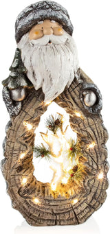 Alpine Corporation 21" Tall Santa Christmas Statue with Carved Wood Look and 16 Warm LED Lights, Timer Function, Indoor/Outdoor Holiday Decoration for Porch or Entryway