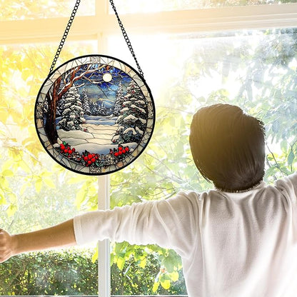 DASTOLL Stained Glass Window Hanging Christmas Tree Winter Snow Night Scenery 9.8" - Suncatcher Door Garden Kitchen Sun Catcher Home Decor Birthday for Mom Men Woman Friend