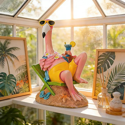 Teaeeno Pink Flamingo Figurines with Beach Chair Resin Bird Sculpture, Large Flamingo Ornaments for Coastal Home Wedding Decor, Housewarming Flamingo Gifts for Lady, Tropical Holiday Decor on Desk