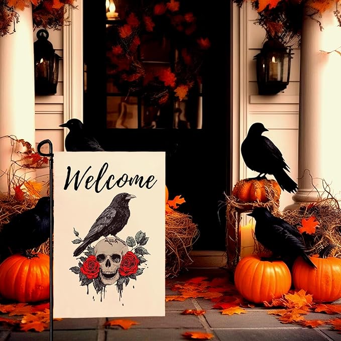 Halloween Welcome Garden Flag Skull Floral Rose Crow Double Sided Vertical Yard Flag Day Of The Dead Bird Rest Bird Floral House Flags 12 x 18 Inches Holiday Villa Outdoor Decorative
