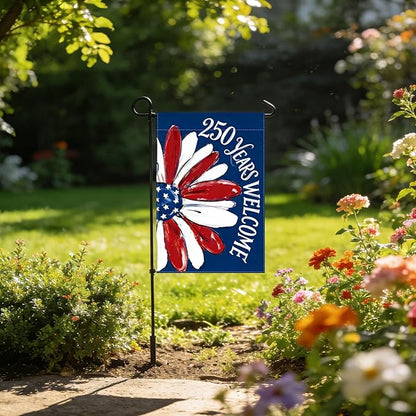 250th Anniversary Garden Flag, Red White Blue Sunflower Garden Flags, 250th Welcome Banner for Independence Day, 12x18 Inch Double Sided 4th of July Garden Flag for Yard & Outside Decor