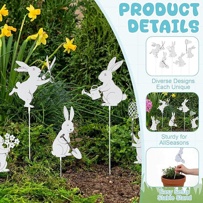 Leinuosen 5pcs Easter Bunny Garden Stakes 13 inch Metal Easter Yard Decor White Finish Outdoor Garden Stakes Bunny Silhouette Set for Lawn Planter Flower Pot Pathway Spring Decoration(White)